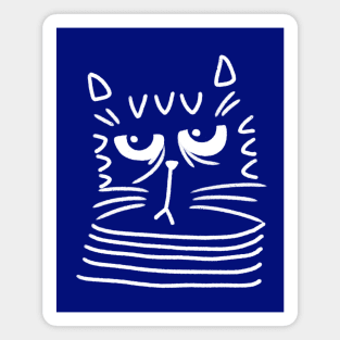 Cute blue and white cat head with grumpy face on blue background Magnet